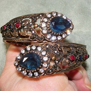 VTG Hinged Cuff w/10CTs Created Sapphires & other "Stones" in Antiq. GP AWESOME!